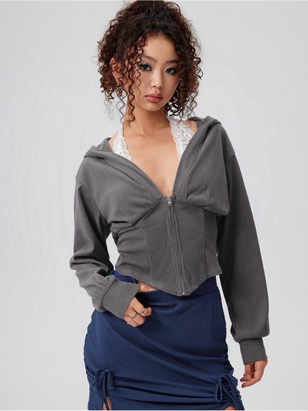 Cider Rib Lace Halter Contrasting Binding Hoodie Dark Grey